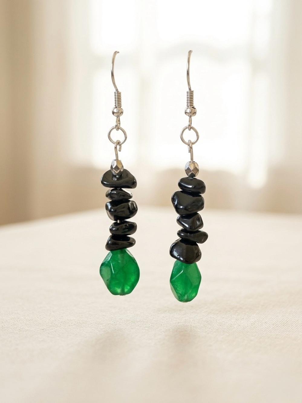 Handmade Dangle Earrings with Black Beads & Emerald Green Drop